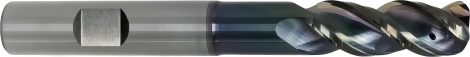 PreMill® VHM-HPC-Schachtfrees lang met binnenkoeling voor Alu, gepolijst met hoekradius, Z=3, weldonopname, DLC gecoat.